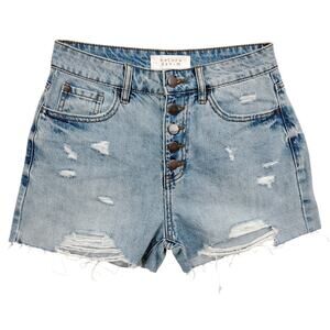 Nature Denim Distressed Shorts Size Small Light Blue Wash High Rise Button Fly